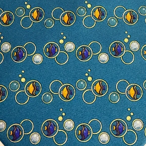 Salvatore Ferragamo Silk Neck Tie Goldfish Bubbles Pattern Teal Men's Neckwear - Picture 3 of 12
